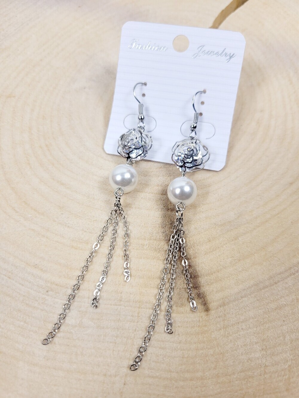 Brand New Silver Tone Pearl Rose Flower Tassel Dangle Earrings